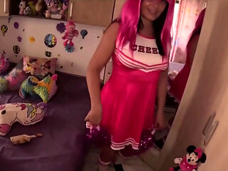 MILF Cheerleader Tease. Pink Uniform, Lollipop Play and Messy Bedroom Fantasy