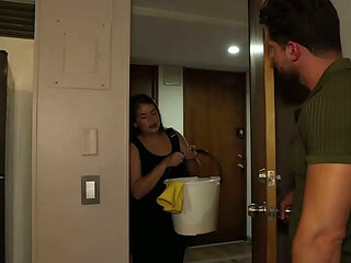 Broke blonde lets stepmom's boss fuck her for cash