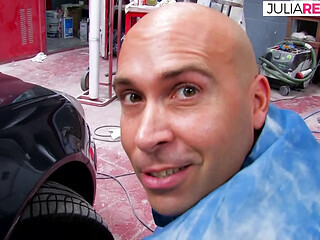 Lucky guy gets a messy three-way in his auto repair shop