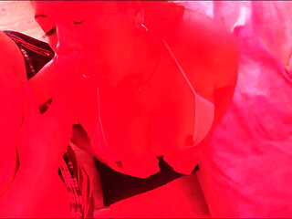 Horny Latina MILF in Red Light Spits on Cock, Sucks Balls, Gives Handjob and Facial Cumshot