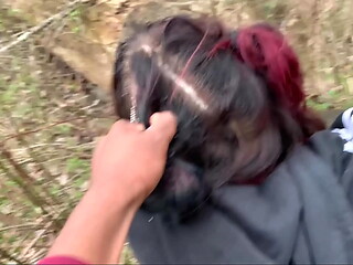 Emo slut gets fucked on tree stump in public