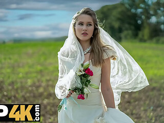 BRIDE4K. Threesome with sexy teen bride with natural tits in the car