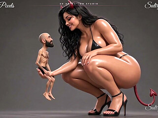 Giant She-devil Strips Topless for Her Tiny Bearded Man - He Kisses Her High Heel