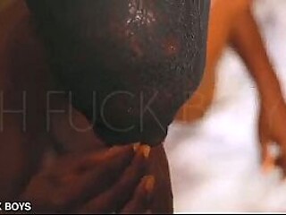 Petite teen slut loves double BBC throat fuck