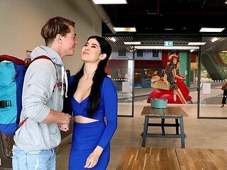 Brunette with a wet, shaved pussy gets fucked at work