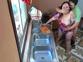 Stepmom fucked hard in the kitchen with big ass and soft tits Real amateur