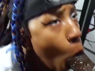 Blue braided doll gives oral fuck-fest and a cumshot