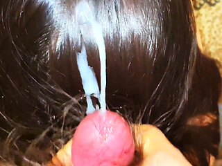I Jerked off with Shiny Long Hair and Cummed on her Hair. Hair Job