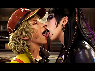 Bayonetta X Cindy Aurum lesbian kissing (Bayonetta, Final Fantasy VII /AI generated)