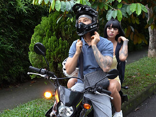 Horny petite girl skips class to go fuck her boyfriend on a motorcycle - Danner Mendez and Luna Vitaler