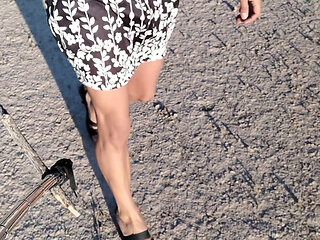 Cute very hot trans slut in dress and sandals goes for a walk to show off her beautiful legs and feet