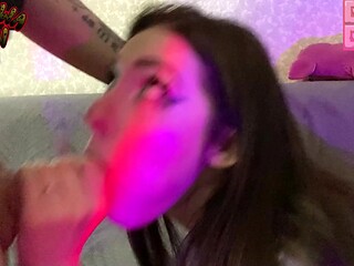 Inked Goth Babe takes huge cock in her mouth during live stream