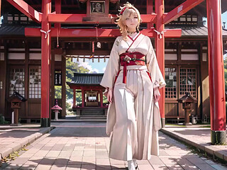 Blonde Kimono Girl's Shrine Secret! Kneeling Under the Torii Gate in a Beige Modified Kimono