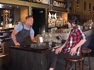 Dark Haired Slut Jerking off Her Favorite Waiter