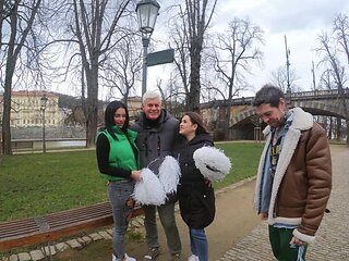 Four cheerleaders, including stunning Serina Gomez, get fucked hard.