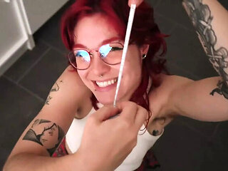 Nerdy German Girl Sofi Helps Friend Cedric Measure His Big Cock - POV Blowjob & Cum in Mouth