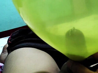Handjob cum my pierced cock inside ballon