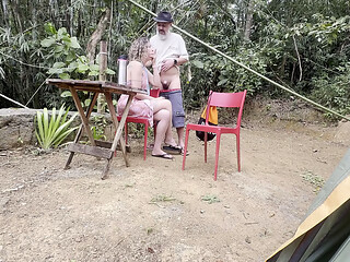 Naughty woman gives a blowjob and rides a stranger at the campsite.