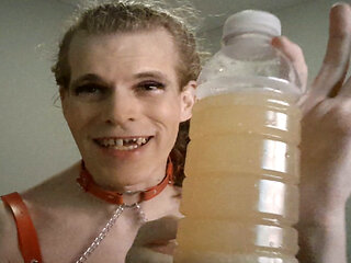 Sissy Femboy Swallows Bottle of their own RANCID cum. Disgusting!