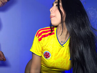 Amateur Latina rides and sucks in a steamy World Cup-themed scene