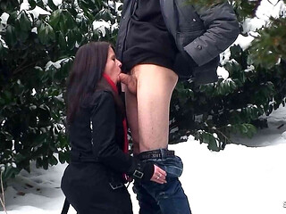 Skinny Russian teen Lussy Kirschner gets risky outdoor fuck on snow by older guy