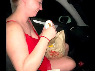 Step brother buy for her MC but before to eat she make great blowjob and finish in her mouth, full mouth of sperm