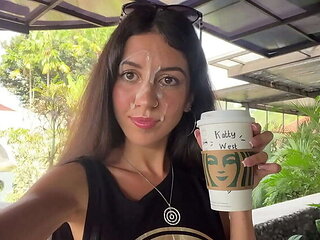 Hot Brunette Katty West Gives Public Blowjob in Starbucks Toilet - Crazy Cumwalk & Swallows Load