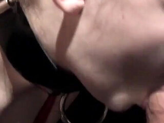 Submissive Natalie serves his master by doing him a blowjob