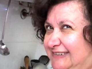 Chubby old lady masturbates with broomstick