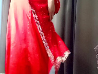 Indian sissy wearing sexy hot stepmom red saree in karwachauth