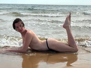 Femboy on holiday naked in the pool and boating