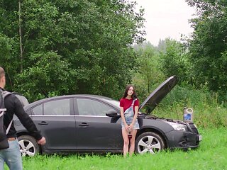 Skinny brunette teen Arwen Gold gets banged in the forest by horny couple