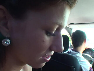 Picked up brunette teen blowing and riding two dicks