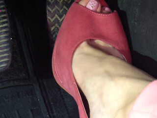 Barefoot Driving and Revving in Vivid Pink High Heeled Sandals