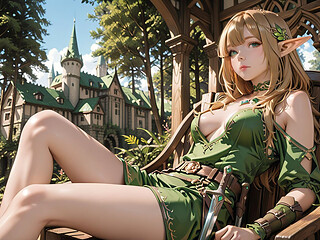 Green Elf in the Forest Secret! Kneeling Gaze Under Dappled Sunlight, a Dreamy Tease with Fingertips Touching Her Lips