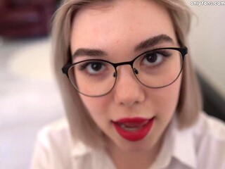 Blonde college girl gives teacher horny blowjob before taking it