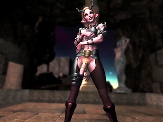 Petite futa tiefling in lustful armor playfully seduces the adventurer