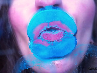 Wet red sticky lipgloss kiss