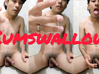 Young lad jerks off in his bathroom and swallows his cum