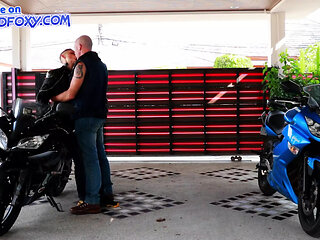 Doggystyle sex on the parking with hot shorthair Biker girl, creampie her wet pussy and cum eating