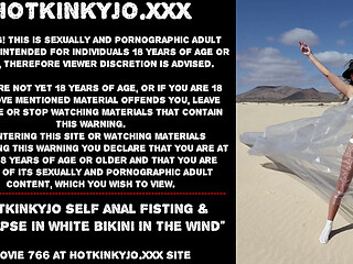 Hotkinkyjo self anal fisting &amp_ prolapse in white bikini in the wind