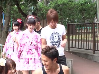 Cute asian chicks in kimono get banged by several dudes