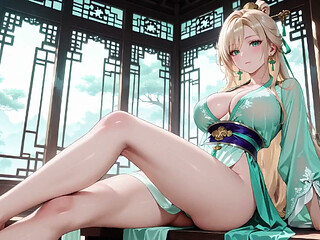 The Lazy Secret Under the Teal Robe, Sunlit Bathroom She Lies Sideways Gazing at You, Fingertips Touching Tender Breasts.