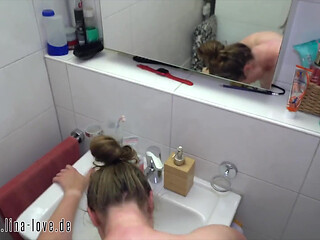 Family Quickie in the Bathroom, Stepbrother Also Wants to Fuck Her and Cum All Over Her Tits.