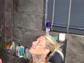Filthy Emma Gives Bathroom Blowjob and Swallows Cum  Amateur MILF HD