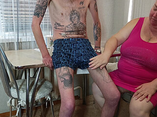 Mother-in-law sucks and jerks off my swollen cock in exchange for a portion of hot cum in her mouth