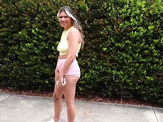 Blonde girl with a hot body takes that black throbber