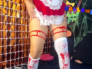 Cute busty and big-ass stepmother celebrates Halloween by masturbating until she cums