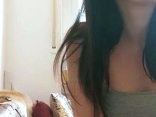 Small titted brunette teen fingering on the bed