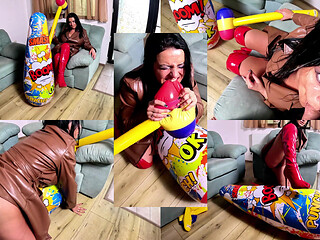 Dominant Leather MILF with Giant Inflatable Hammer. Doggy, Cum Play and Popping
